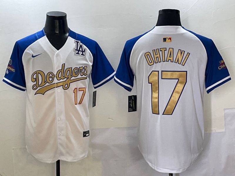 Men Los Angeles Dodgers 17 Ohtani White Blue Gold Game 2025 Nike MLB Jersey style 5
